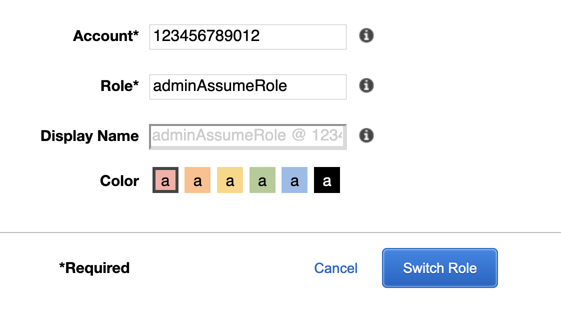 Screenshot of AWS Console containing the switch role login screen
