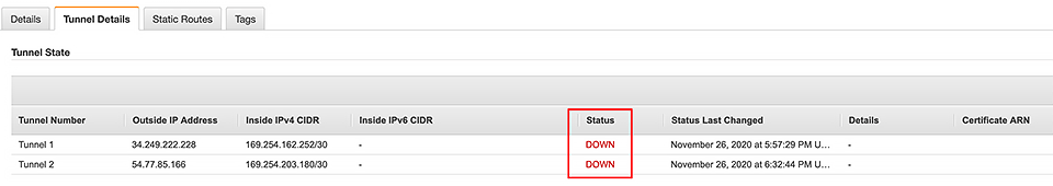 AWS, the state of the VPN tunnels before the ping