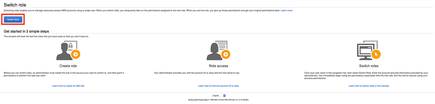 Screenshot of AWS Console containing the switch role splash screen