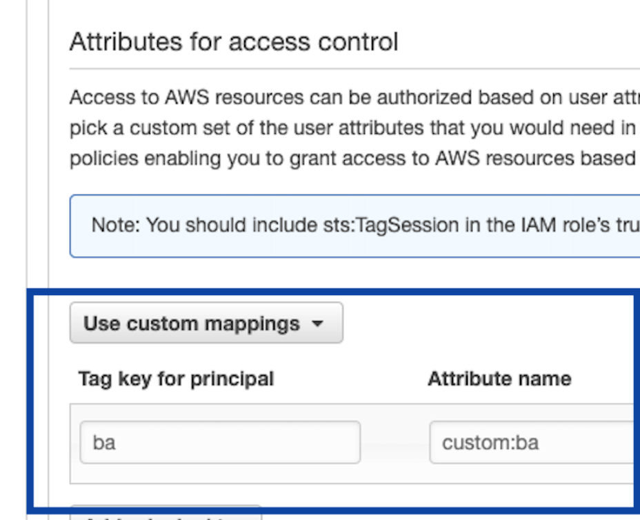 Screenshot of AWS Console focused on AWS IAM custom attributes for access control