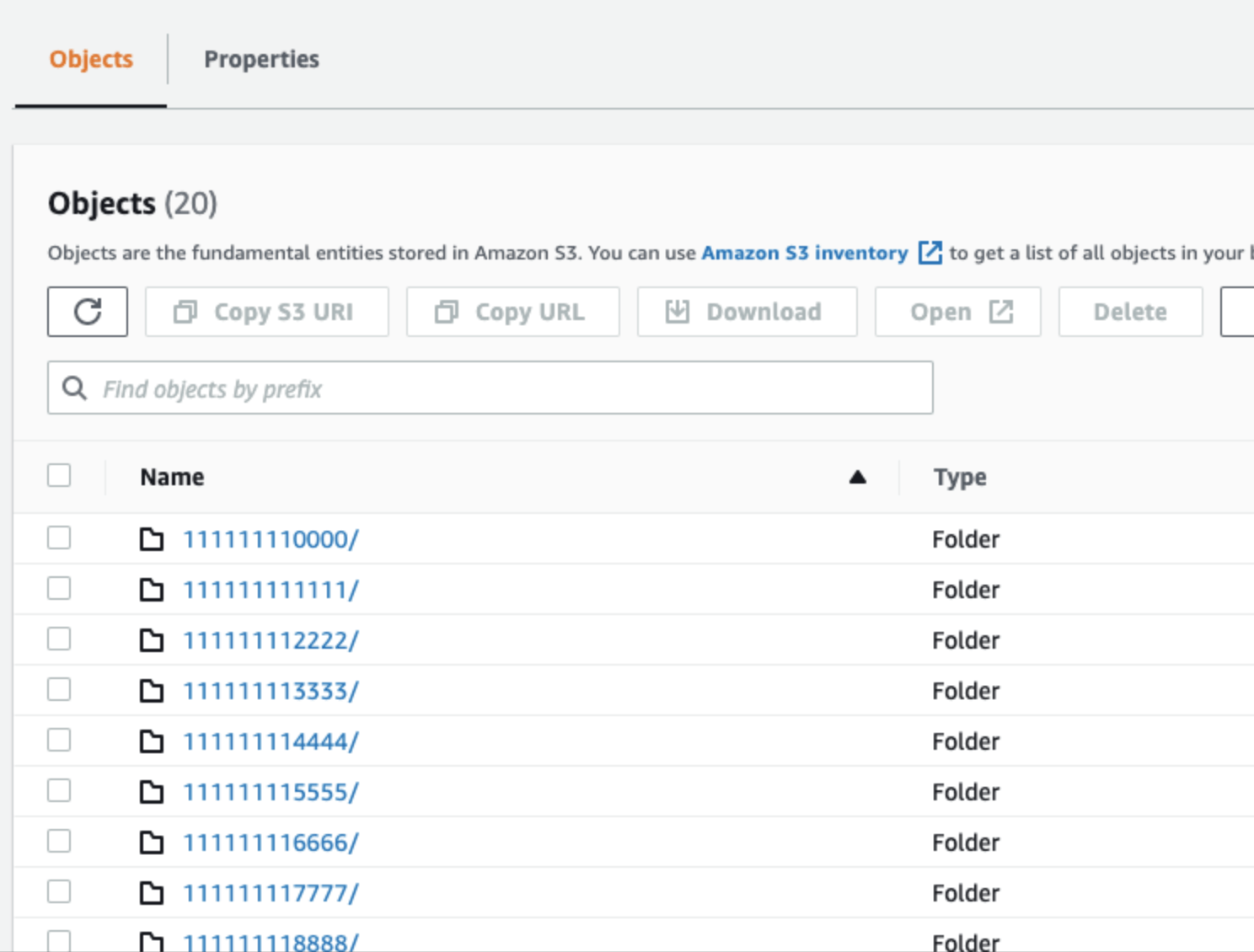 Screenshot of AWS Console showing several directories stored in Amazon S3