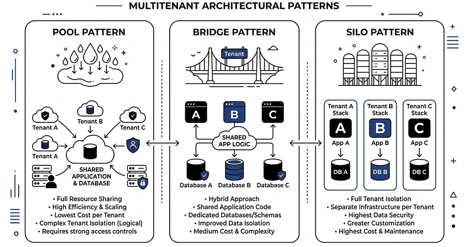 Multitenant architectural patterns — Pool, Bridge, and Silo
