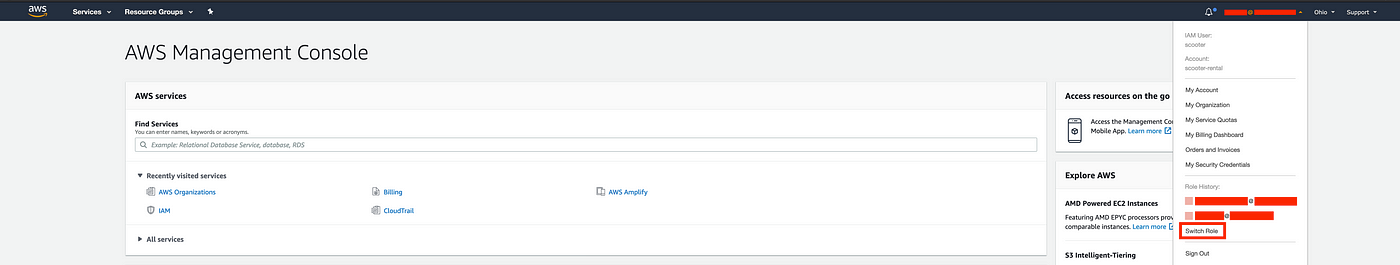 Screenshot of AWS Console containing a switch role dropdown